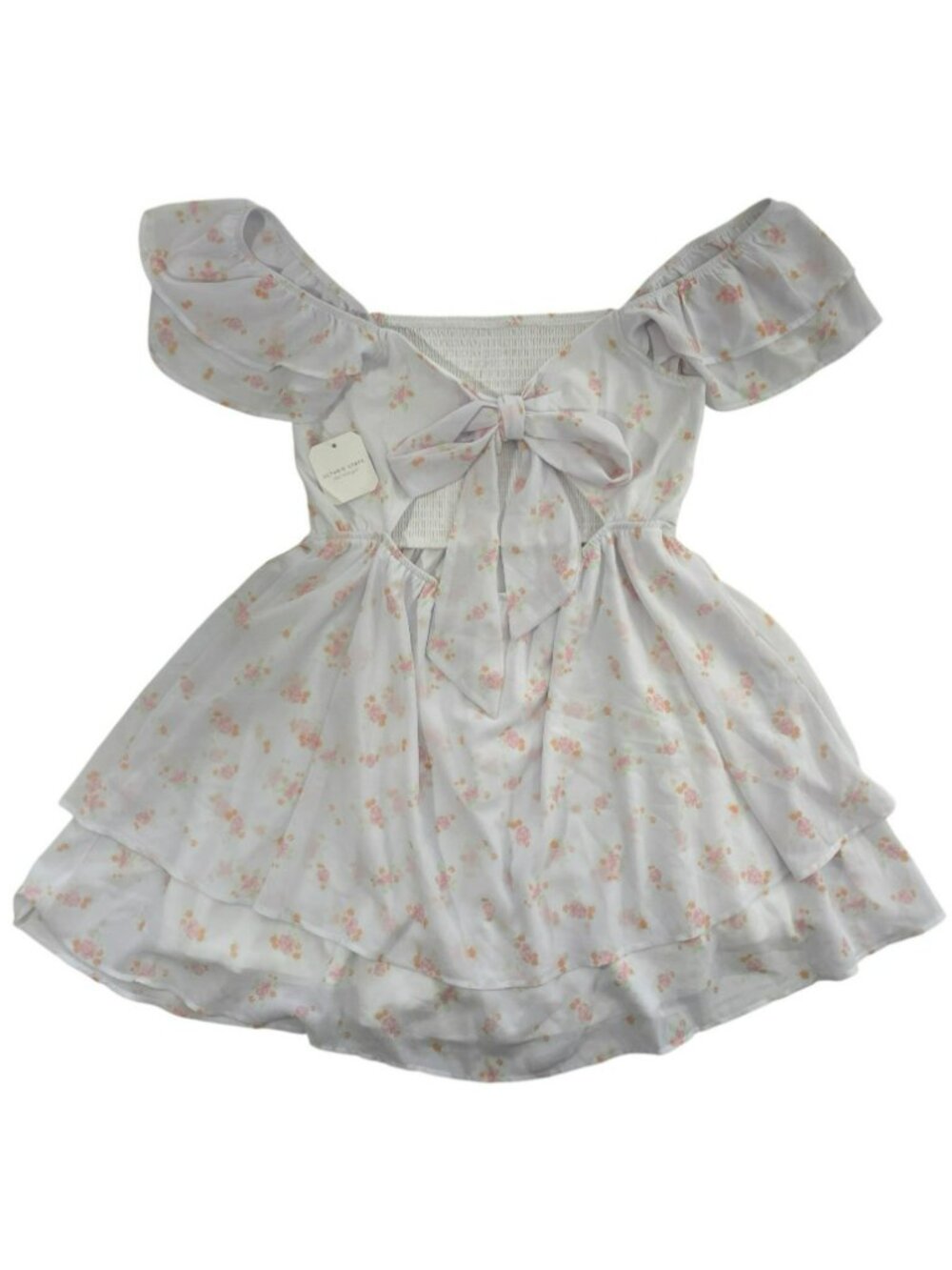 Altar'd State Smocked Dress Floral Ivory & Pink Off-Shoulder Bow Detail Sz L NEW - Picture 2 of 9